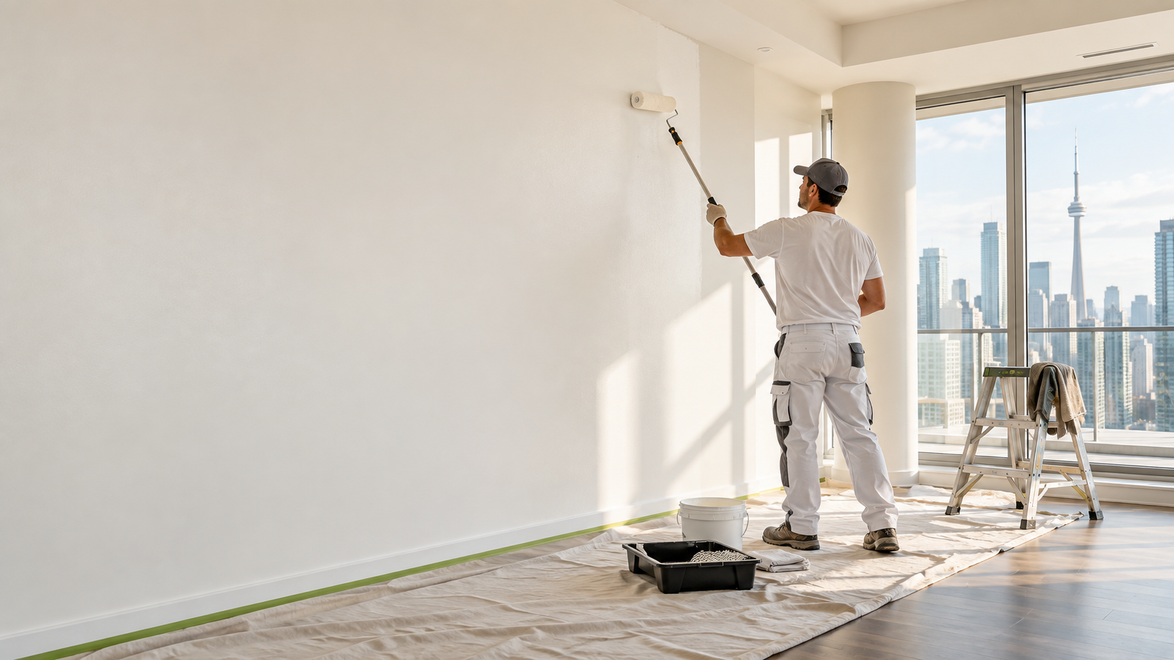 Professional painter finishing a bright Toronto condominium interior