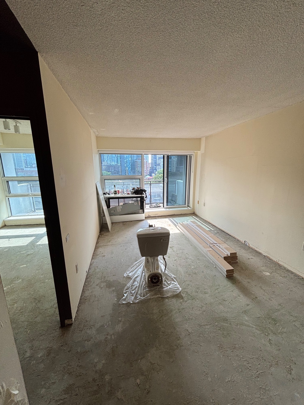 Living area with flooring and trim removed